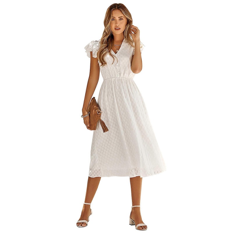 Womens Summer Short Sleeve V-Neck Solid Color Party Midi Dress Ruffle Cap Sleeve Midi Dress A-line Dress  White XL | Fruugo SG