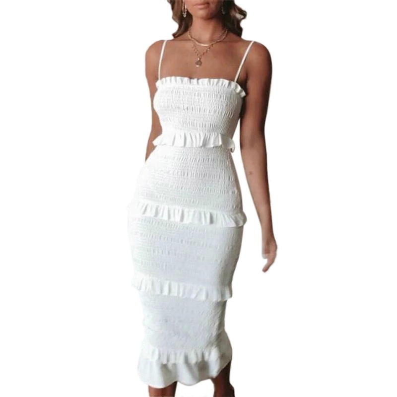 Womens Summer Spaghetti Strap Dress Floral Midi Dress Sleeveless Ruffle Hem Smocked Bodycon Dresses Tiered Party Dress  White S | Fruugo SG