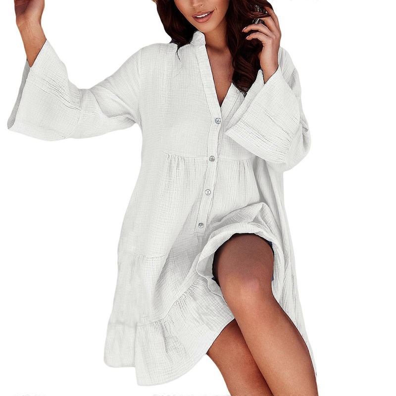 Womens Trumpet Sleeve V-Neck Dress Fashion Flowy Loose Ruffled Dress High Waisted Casual Dress Loose Fit Babydoll Dress  White XL | Fruugo SG