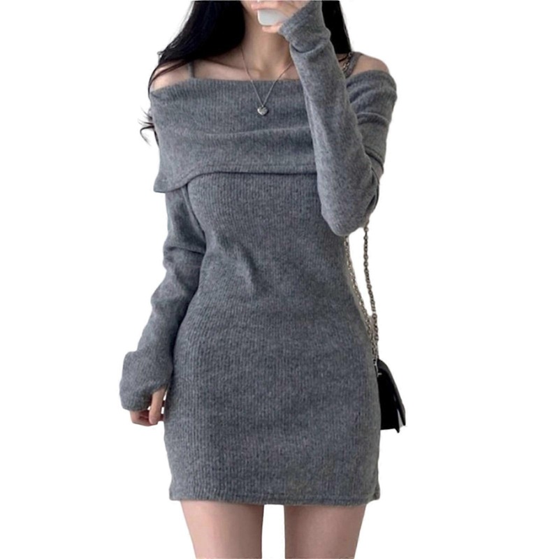 Fashionable off Shoulder Sweater Dress Long Sleeve off Shoulder Solid Dresses Flattering and Comfortable  Gray S | Fruugo SG