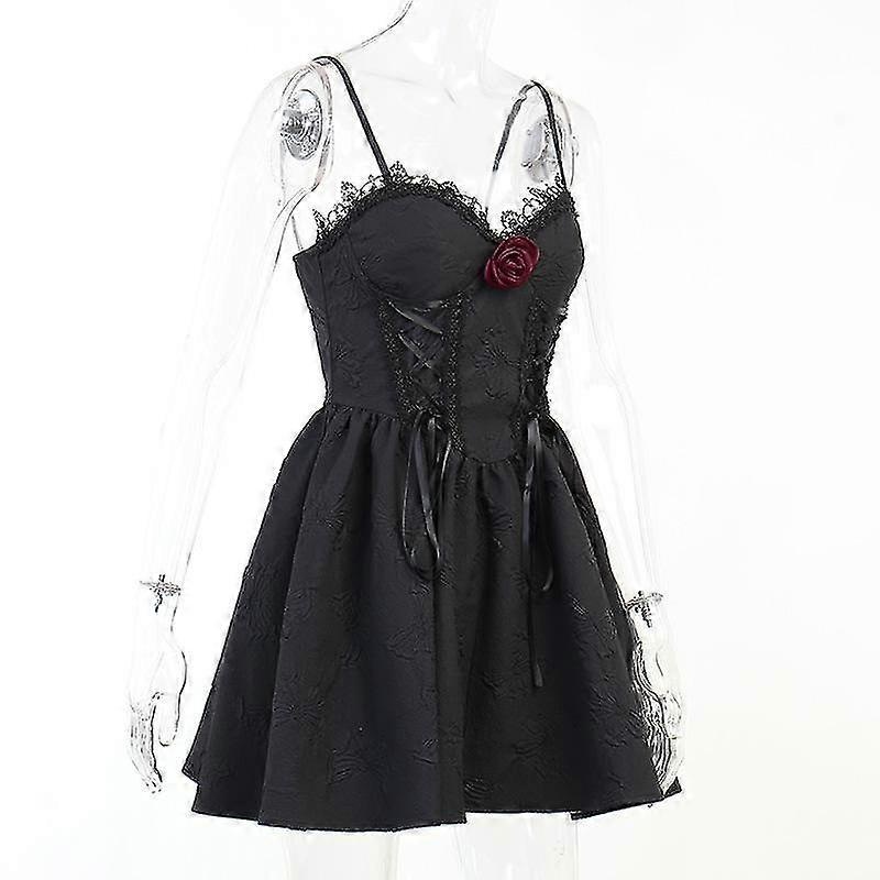 Goth Print Rose Dresses Lace Up A Line Y2K Fairy Grunge Sexy Backless Fashion V Neck Dark Academy Emo Summer Partywear | Fruugo SG