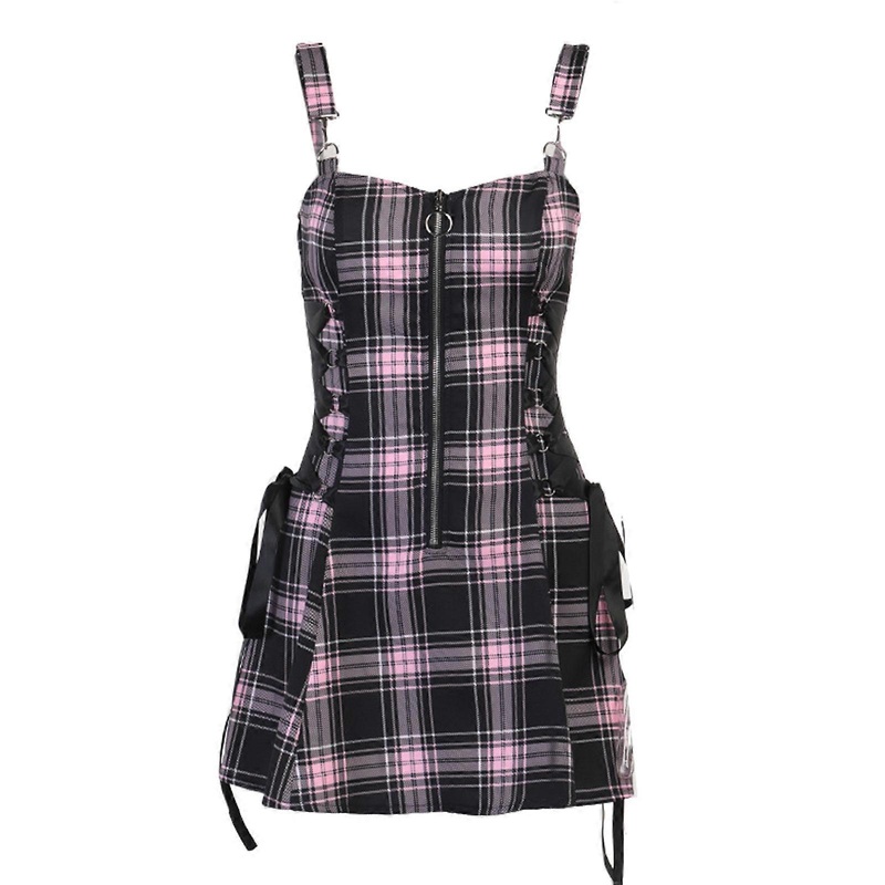 Gothic Backless Dress Plaid Mini Dress Lace Up Slim Dresses Sleeveless Tie Up Dresses Sexy Drawstring Mini Dresses  Pink XL | Fruugo SG