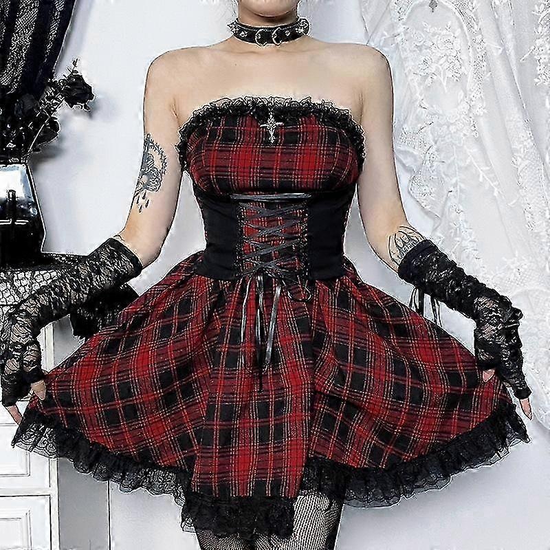 Gothic Punk Lolita Red Plaid Dress Women Y2k Streetwear Harajuku Lace Patchwork High Waist Bandage Corset Dress Clubwear | Fruugo SG