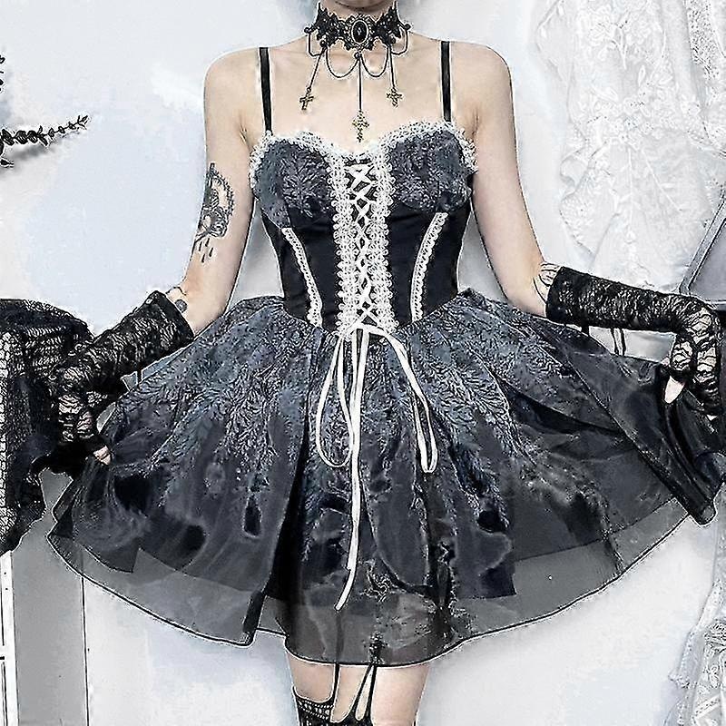 Gothic Spliced Print Spaghetti Strap Dress Women Sexy Lace Up Corset Backless Mini Dress Elegant Lolita Party Streetwear | Fruugo SG
