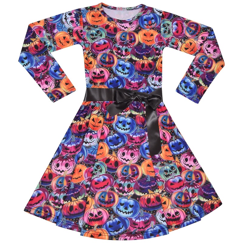 Kids Girls Skater Long Sleeves Multi Color Pumpkins Print Halloween Dre | Fruugo SG