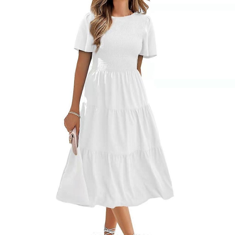 Ladies Summer Short Sleeve Dress High Waist A-Line Dress for Wedding Guest | Fruugo SG