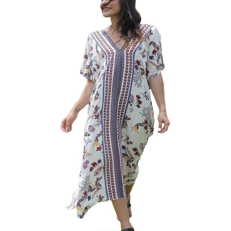 Women Batwing Sleeve Kaftan Geometric Floral V-Neck Beach Cover Up Maxi Dress | Fruugo SG