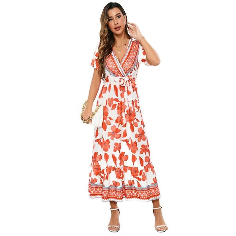 Women Boho Floral Print Short Sleeve V-Neck Belted Ruffle Hem A-Line Long Dress | Fruugo SG
