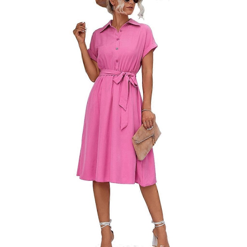 Women Dress High Waist Short Sleeve Solid Color Dress Casual Lapel Neck Dress | Fruugo SG