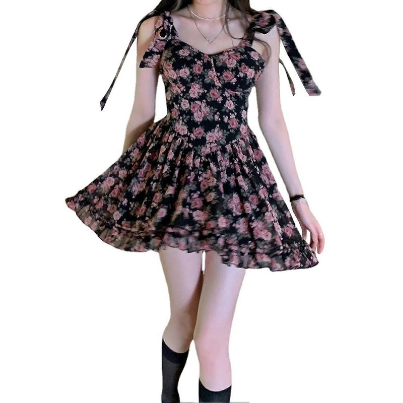 Women Floral Fashion Versatile Slimming Bow Women Summer Ruffle Hem Dress for Date Party Daily Beach | Fruugo SG