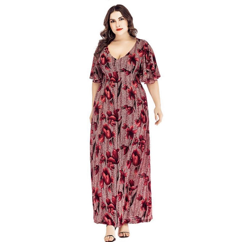 Women Plus Size Ruffled Half Sleeve Sexy V-Neck Flared Hem Party Maxi Dress Floral Print High Waist Party Beach Sundress  5XL Dark red | Fruugo SG