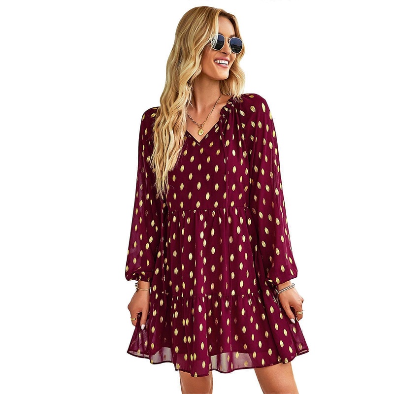 Women Puff Long Sleeve V-Neck Tie Ruffled Hem Short Dress Metallic Polka Dot High Waist Casual Loose Swing Mini Dresses  Burgundy XL | Fruugo SG