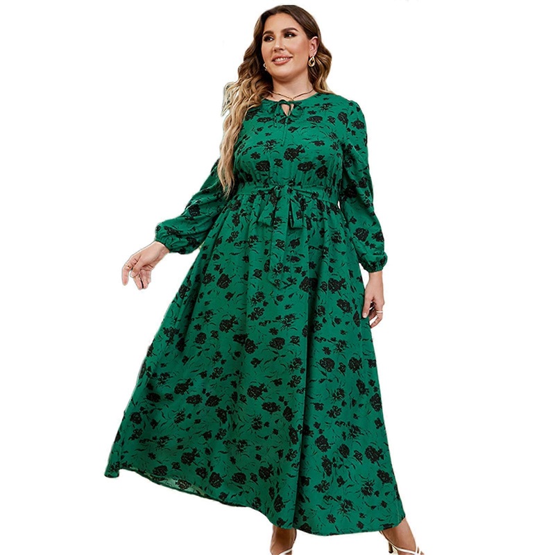 Women’s Floral Print Dress Plus Size Belted Maxi Dress Chic Beach Dress Long Sleeves Evening Party Dress Holiday Dress  Green XL | Fruugo SG