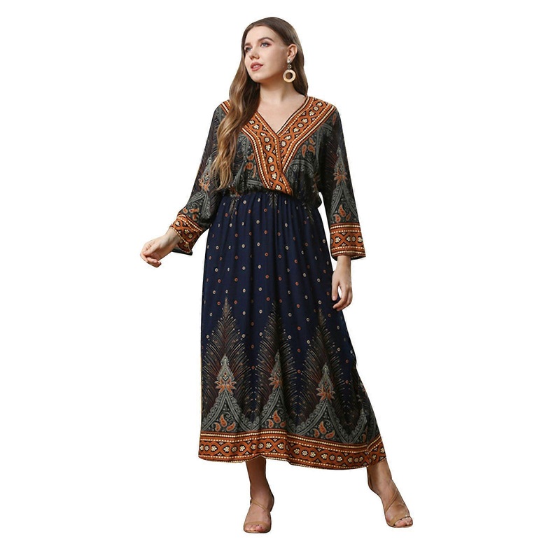 Women’s Summer Sundresses Elegant Peacock Print Dress Plus Size Long Sleeve Dress Chic V Neck Maxi Dress for Vacation  XL Blue | Fruugo SG