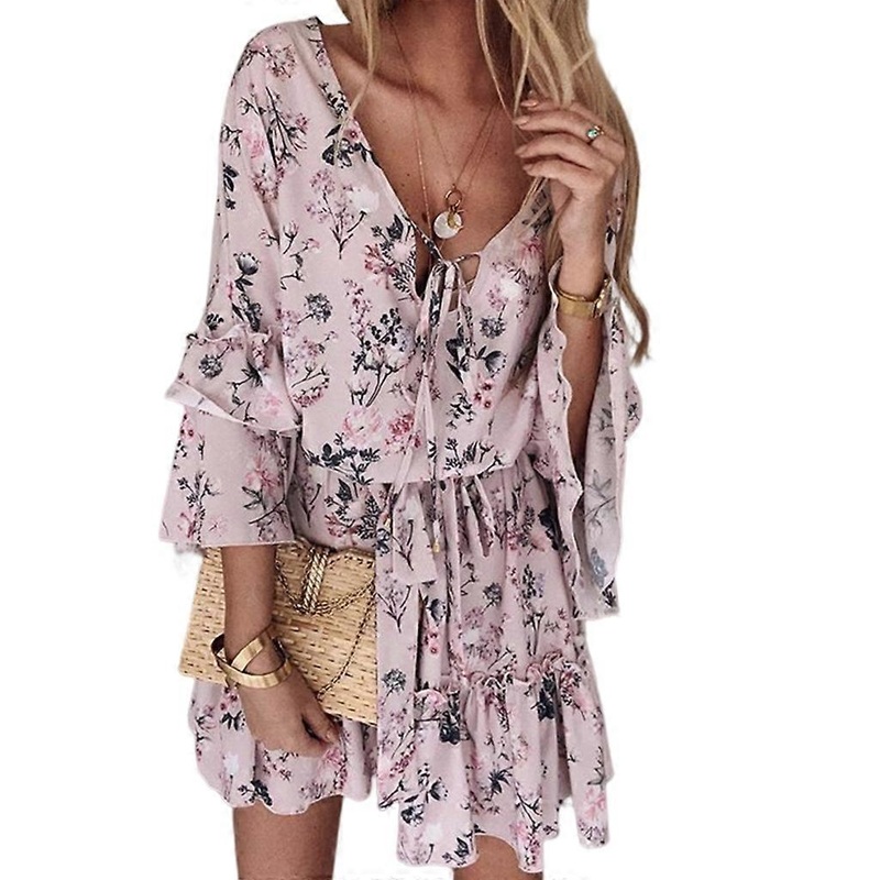 Women Summer Chiffon Dress Casual Short Sleeve Floral Print Dress for Party | Fruugo SG