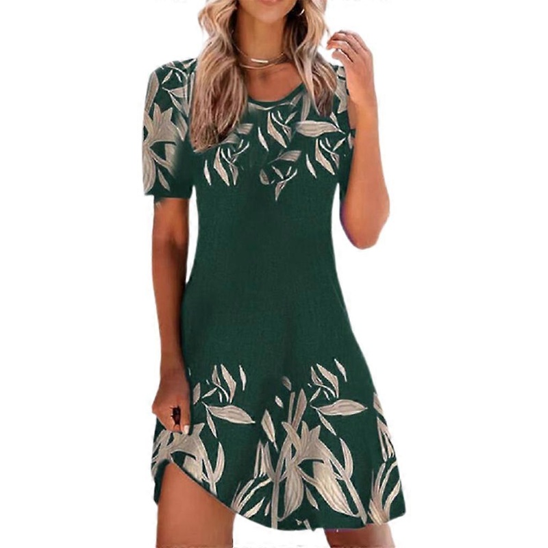 Women Summer Short Sleeve Floral Print Round Neck Dresses Cover Up A-Line Dress | Fruugo SG