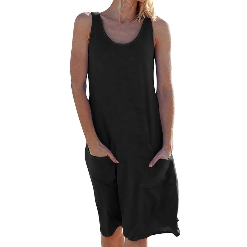 Womens Casual Round Neck Sleeveless Loose Swing Midi T-Shirt Dress Solid Color Beach Summer Tank Dresses with Pockets  Black S | Fruugo SG