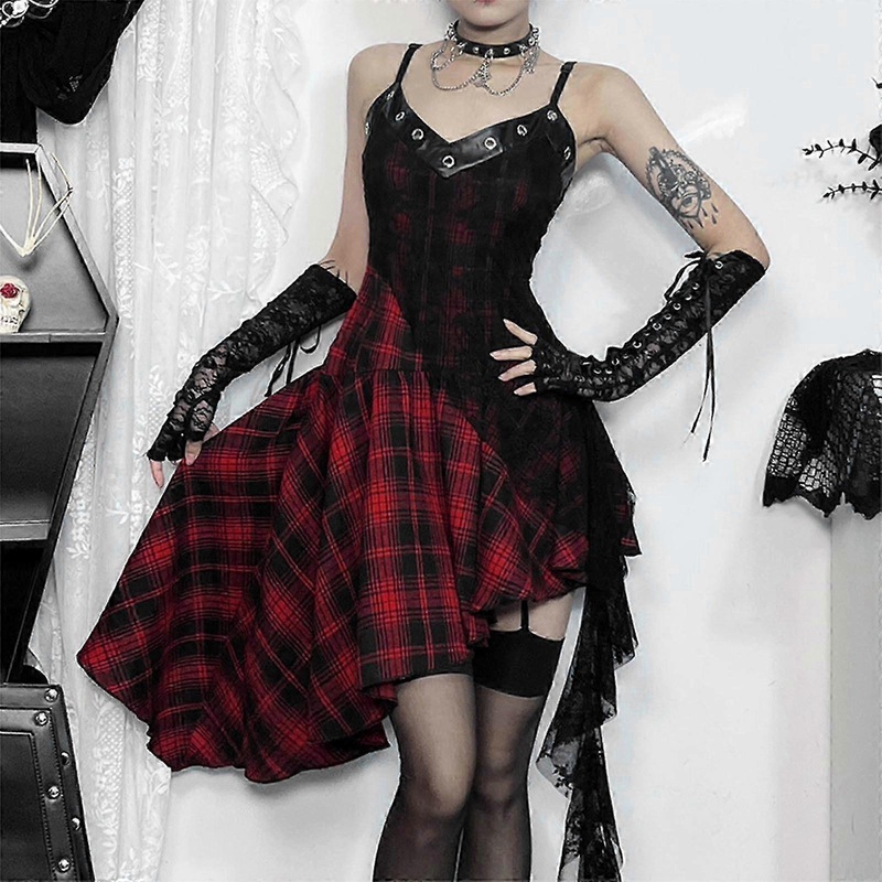 Womens Gothic Plaid Mini Dress Vintage Corset Spice Sling Dark Red Grid Lace Punk Dress Sleeveless Sundresses Women | Fruugo SG