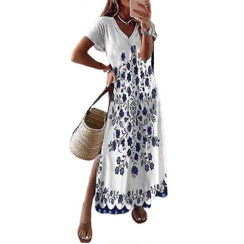 Womens Printed Short Sleeve Maxi Long Dress V Neck Loose Slit Dresses Plus Size | Fruugo SG