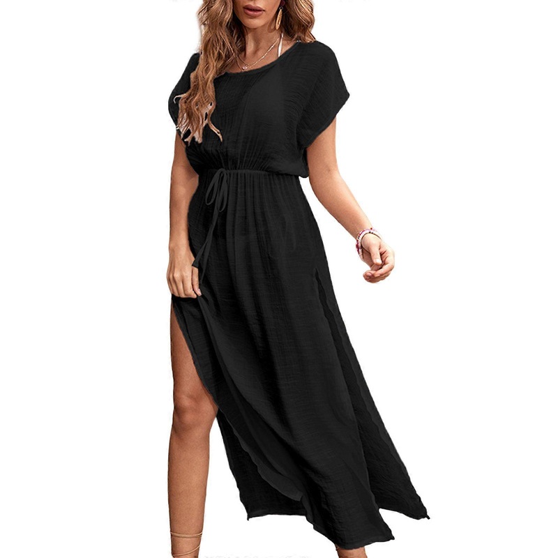Womens Short Sleeves Maxi Dress Solid Beach-Dress Sunscreen Casual Dress Sexy Side Split Dress for Summer-Vacation  Black | Fruugo SG