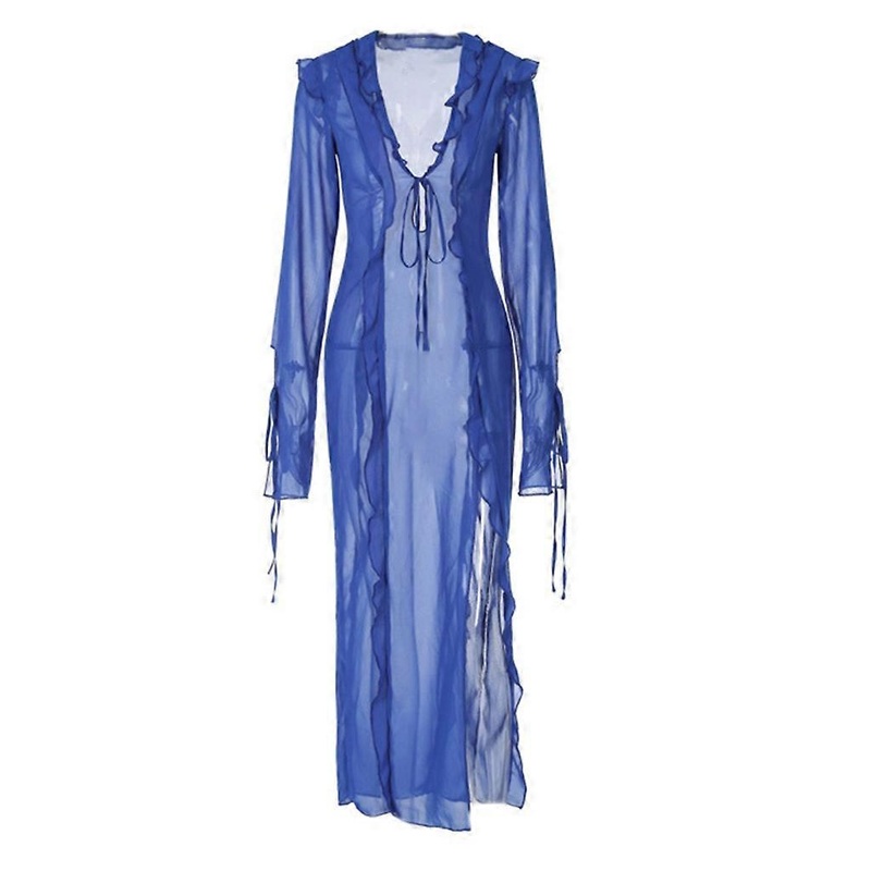 Womens Solid Color Long Sleeve Lacing Sheer Mesh Bodycons Beach Maxi Long Dress | Fruugo SG