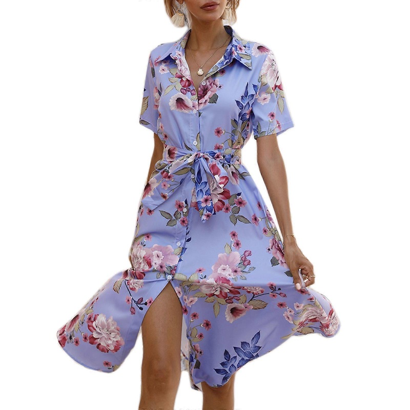 Womens Summer Short Sleeve Collared V-Neck Button Up Long Dress Vintage Floral Print Belted A-Line Casual Shirt Dresses  Purple S | Fruugo SG