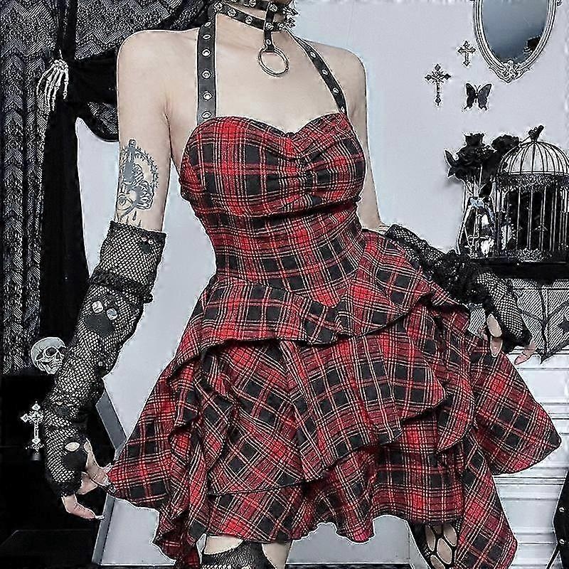 Y2K Plaid Backless Halter Bodycon Party Dresses Goth Aesthetic Irregular Slim A-Line Mini Dress | Fruugo SG