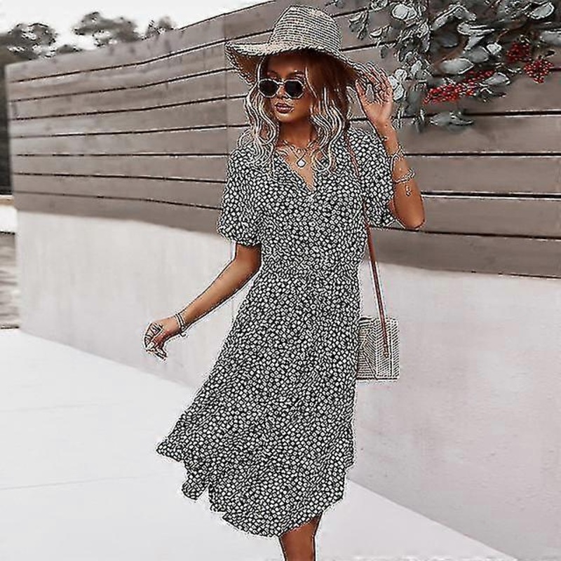 2023 Floral Print Dress Women Casual Short Sleeve  V-neck Button Midi Dresses Summer Elegant Holiday Beach Dresses Tunics Robe | Fruugo SG