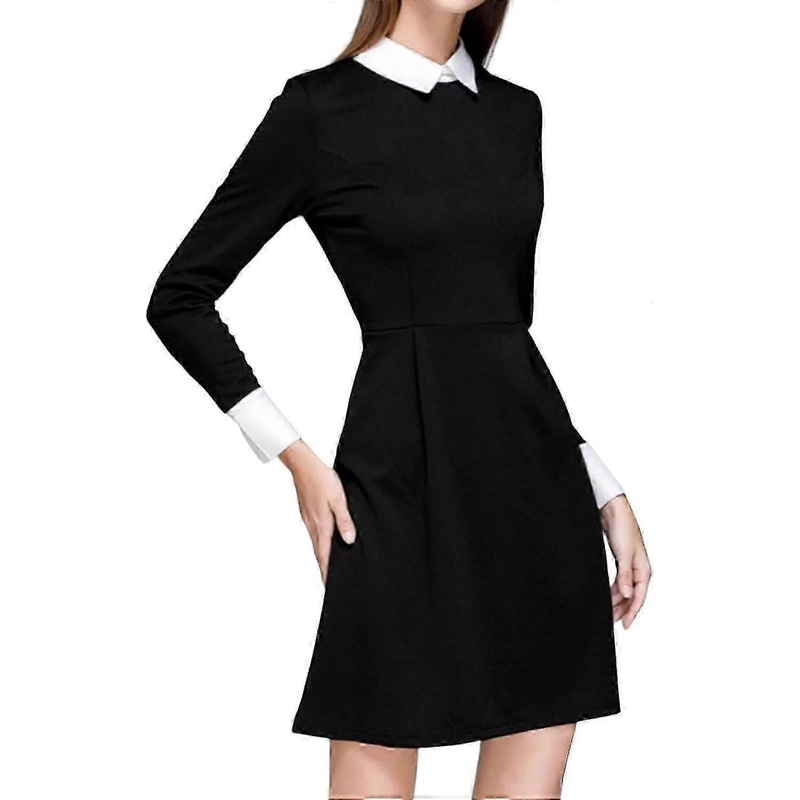 Black Peter Pan Pleated Long Sleeve Halloween Funeral Dress | Fruugo SG