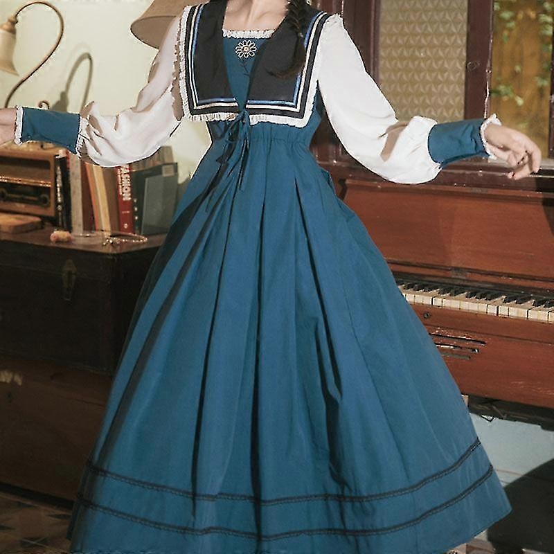 Elegant Vintage Dress Women Patchwork Long Sleeve Dress Retro Court Style Navy Collar Spring Autumn Mori Girl Robe | Fruugo SG