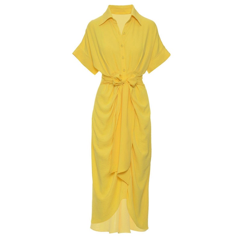 Girl Lapel Long Short Sleeve Dresses Single-Breasted High Waist Shirt Dress Button Dwon V-Neck Ruffle Office Daily Cloth  Yellow XL | Fruugo SG