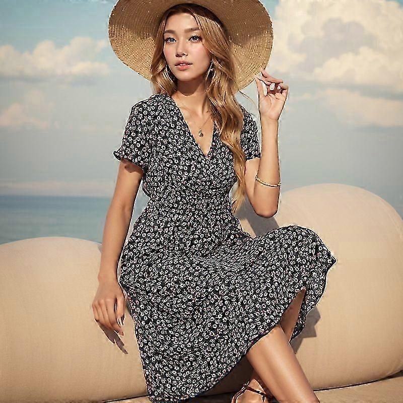 Holiday style elastic waist dress female SV collar exquisite flower loose mid-length dress | Fruugo SG