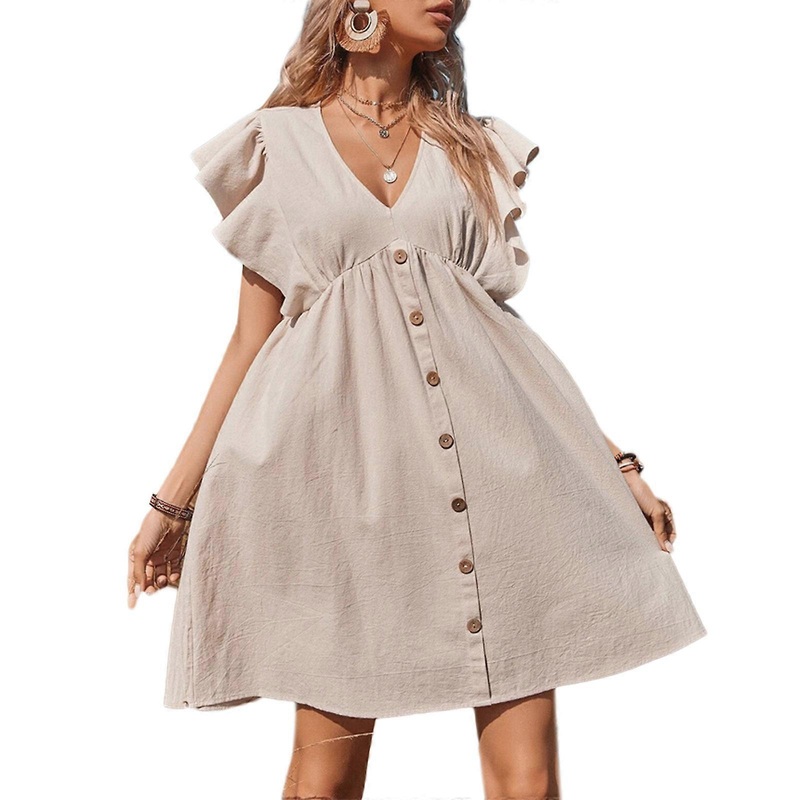 Ladies Flowy Mini Dress Fashion V Neck Button Front Dress Women Solid Color Button Front Dress All-matching Swing Dress  Khaki XL | Fruugo SG