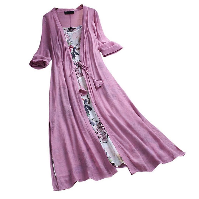 Qertyioot Boho Women’s Vintage O-Neck Flowers Print Lace Two-piece 3/4 Sleeve Dress L | Fruugo SG