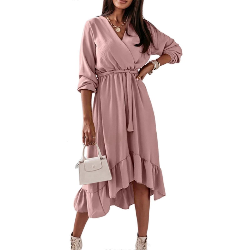 Split Midi Dress For Women Ruffle Hem Dress Long Sleeve V Neck Casual Dresses Women Tea Dress Ruffle Long Sleeve Dress  Pink XL | Fruugo SG