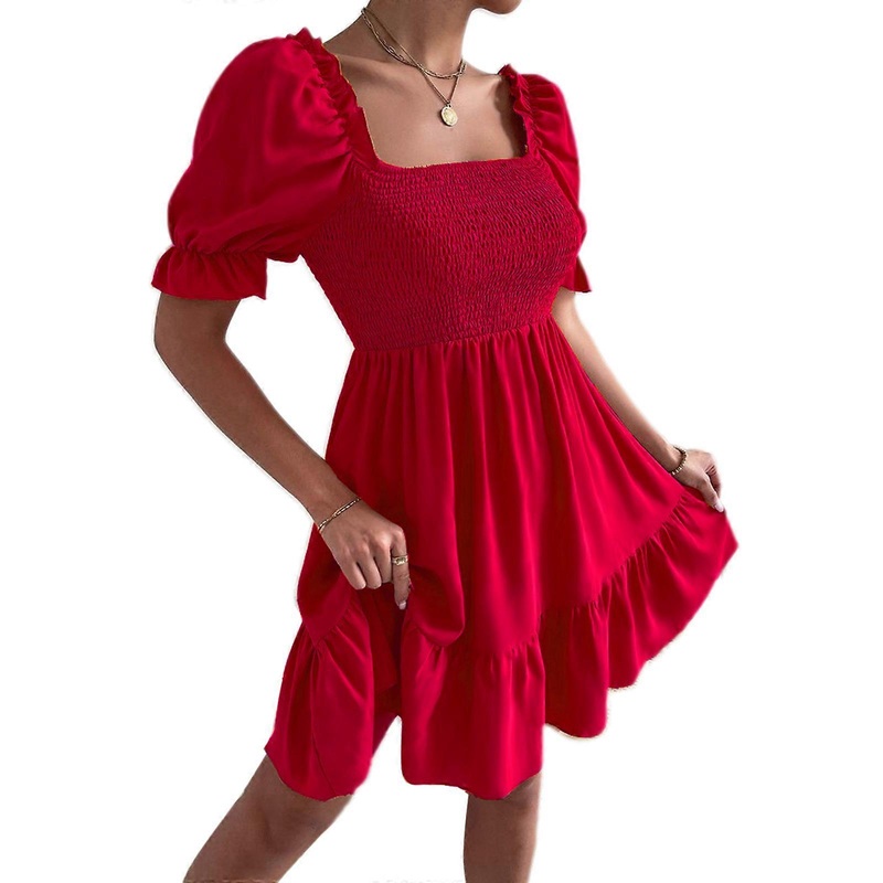Square Neck Ruffled Short Sleeve Dress High Waist Tight Temperament Commuter-Dress Casual Loose Spring A-line Dresses  Red XL | Fruugo SG