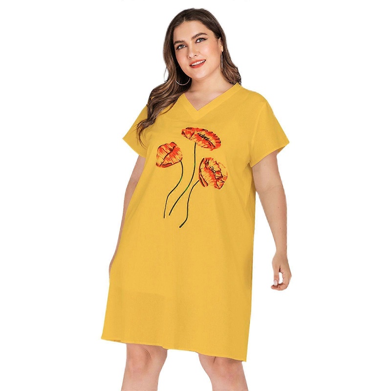 Stylish Plus Size Women Dress Sexy Solid Short Sleeve V Neck Floral Print Casual Dress Bohemian for Beach Holiday Summer  Yellow XXXXL | Fruugo SG