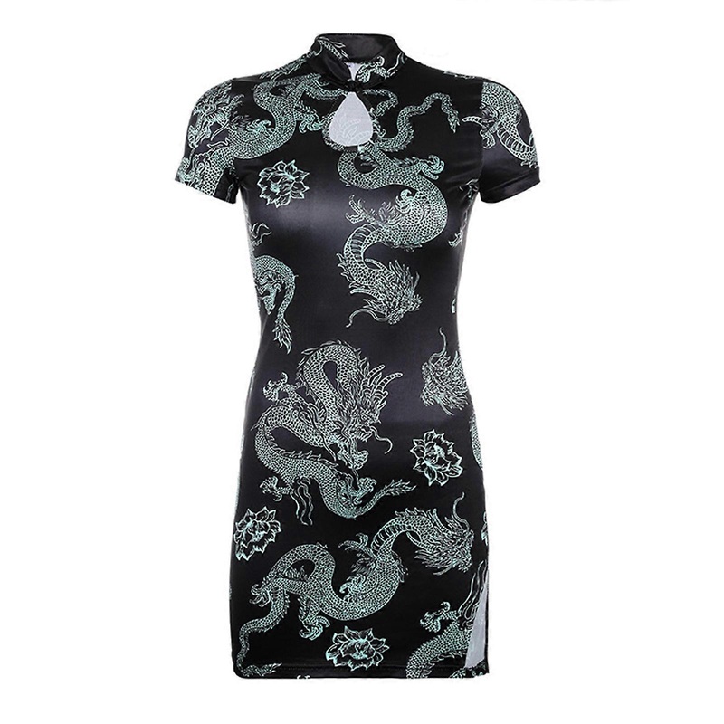 Women Chinese Dragon Print Short Sleeve Mini Bodycon Dress Split Hem Cheongsam  L | Fruugo SG