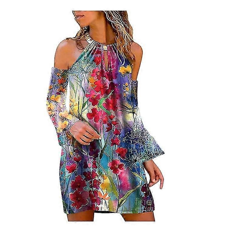 Women Dresses Ladies Print Floral Long Sleeves Flare Sleeves Mini Knee Casual Dresses | Fruugo SG