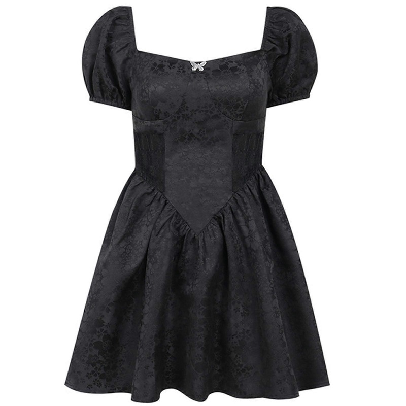 Women Goth Puff Short Sleeve A-Line Mini Swing Dress Square Neck Sexy Lace Patchwork High Waist Black Floral Streetwear  M | Fruugo SG