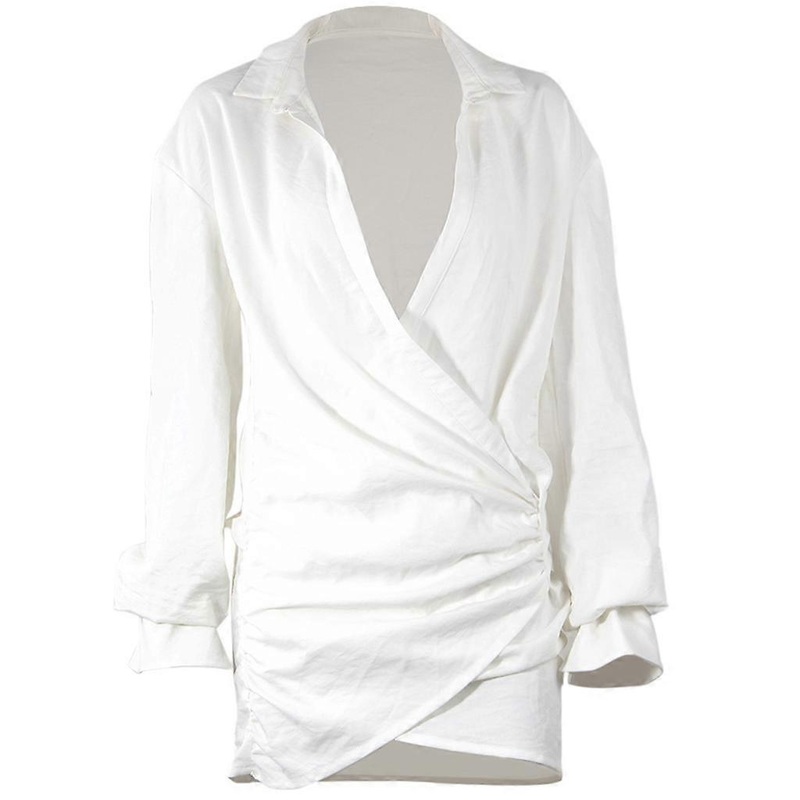 Women Long Sleeve Lapel Deep V-Neck Mini Shirt Dress for Cross Wrap Front Ruched Irregular Hem Linen White Blouse Street | Fruugo SG