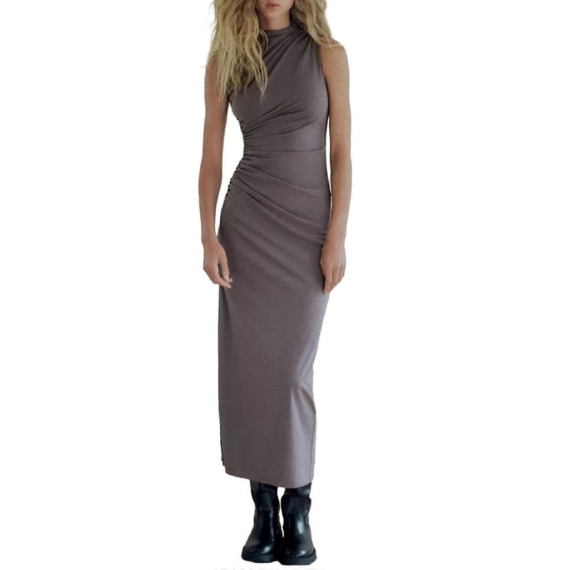 Women Mock Neck Ruched Pleated Solid Plain Midi Long Bodycon Dress Sleeveless Turtleneck Pacakge Hip Tank Top Dresses  Gray XS | Fruugo SG