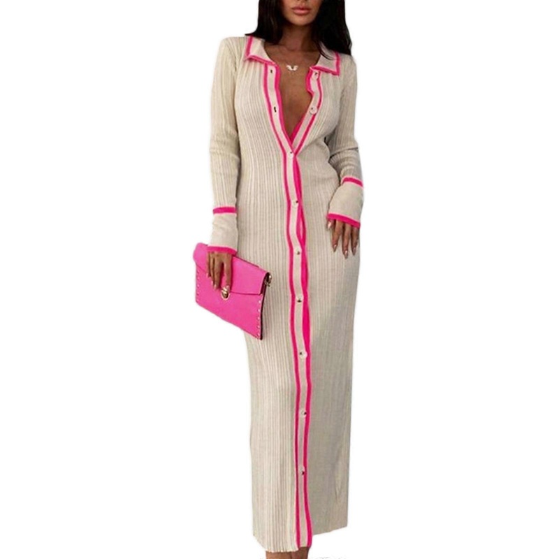Women’s Knitted Sweater Long Dress Vintage Long Sleeve V Neck Bodycon Maxi Dress Casual Button Down Cardigan Dress  rose Red S | Fruugo SG