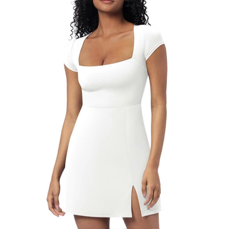 Women’s Short Sleeve Tennis Dress Comfortable and Eye Catching Square Neck Solid Slimming Dress  White XL | Fruugo SG