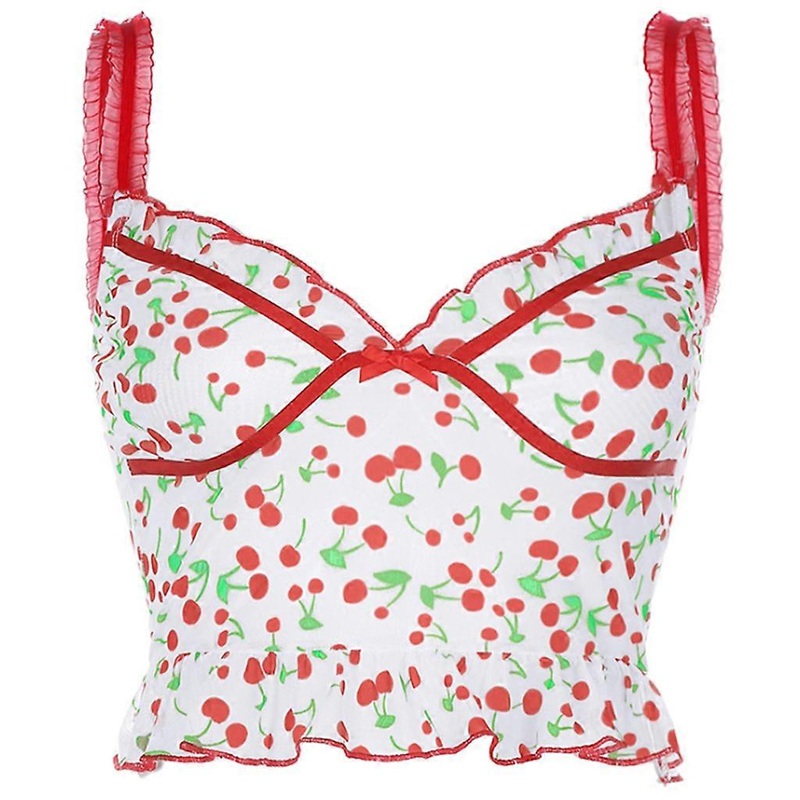 Women Summer Ruffles Spaghetti Strap Crop Top Sexy Sheer Mesh Sweet Cherry Printed Bow Camisole Backless Bodycon Sling Vest Clubwear  M | Fruugo SG