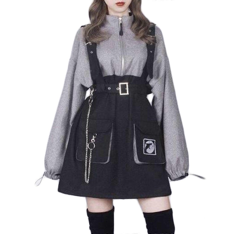 Women Two-piece Outfits Punk Dress with Detachable Strap Chain Casual T-shirt High Waist Long Sleeve Hat Collar Pullover  XL | Fruugo SG