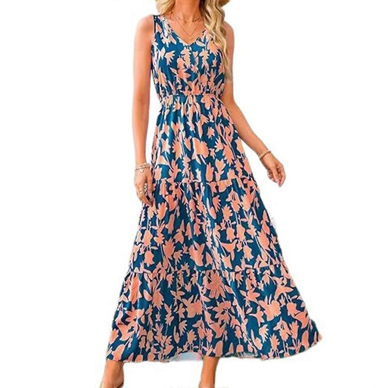 Women VNeck Sleeveless Elastic Waist Beach Vacation Long Dress Cute Flower Print Tiered Flared Ruffle Swing Maxi Dresses  XL orange red | Fruugo SG