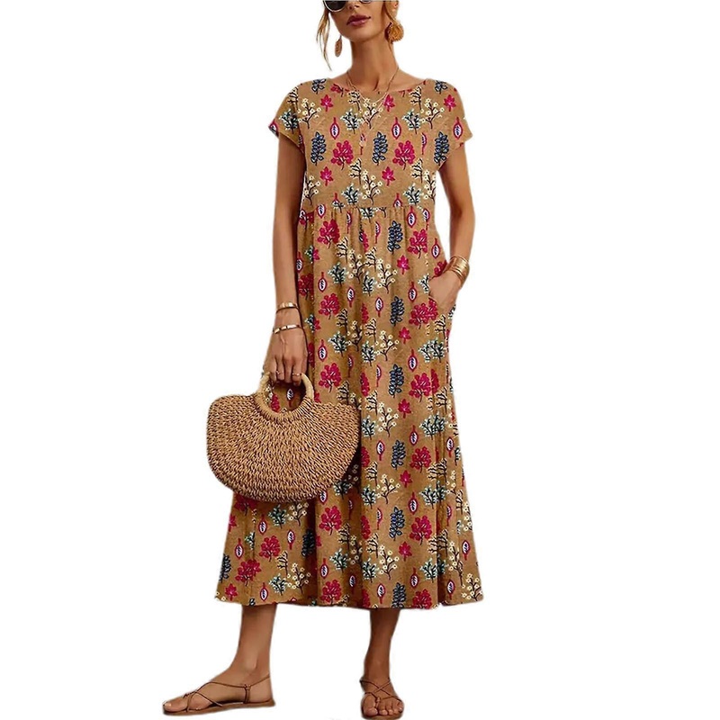 Womens Casual Loose Floral Dresses with Pockets Short Sleeve Summer Beachwear Swing Dress O-neck Maxi Dress  Khaki M | Fruugo SG