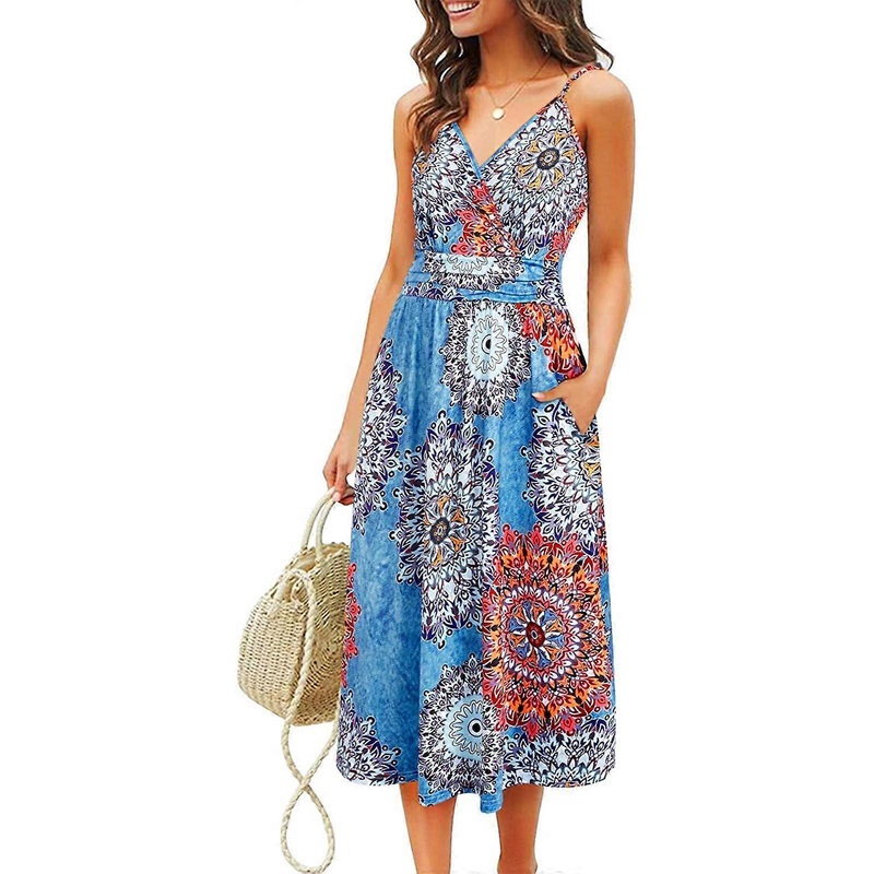 Womens Elegant Long Floral Printed Maxi Party Dress Spaghetti Strap Dress Casual Swing Dresses Sleeveless Vacation Dress  Denim Blue M | Fruugo SG