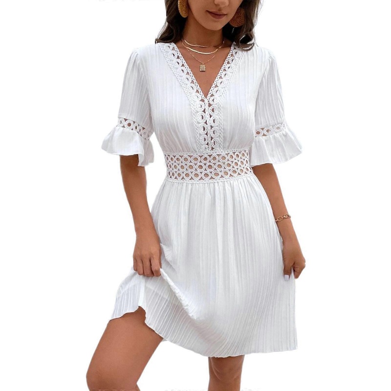 Womens Flared Sleeve A Line Minis Dress Sexy Vneck Highs Waist Flowys Swing Short Dresses Summers Dress Streetwears Gift  XL White | Fruugo SG